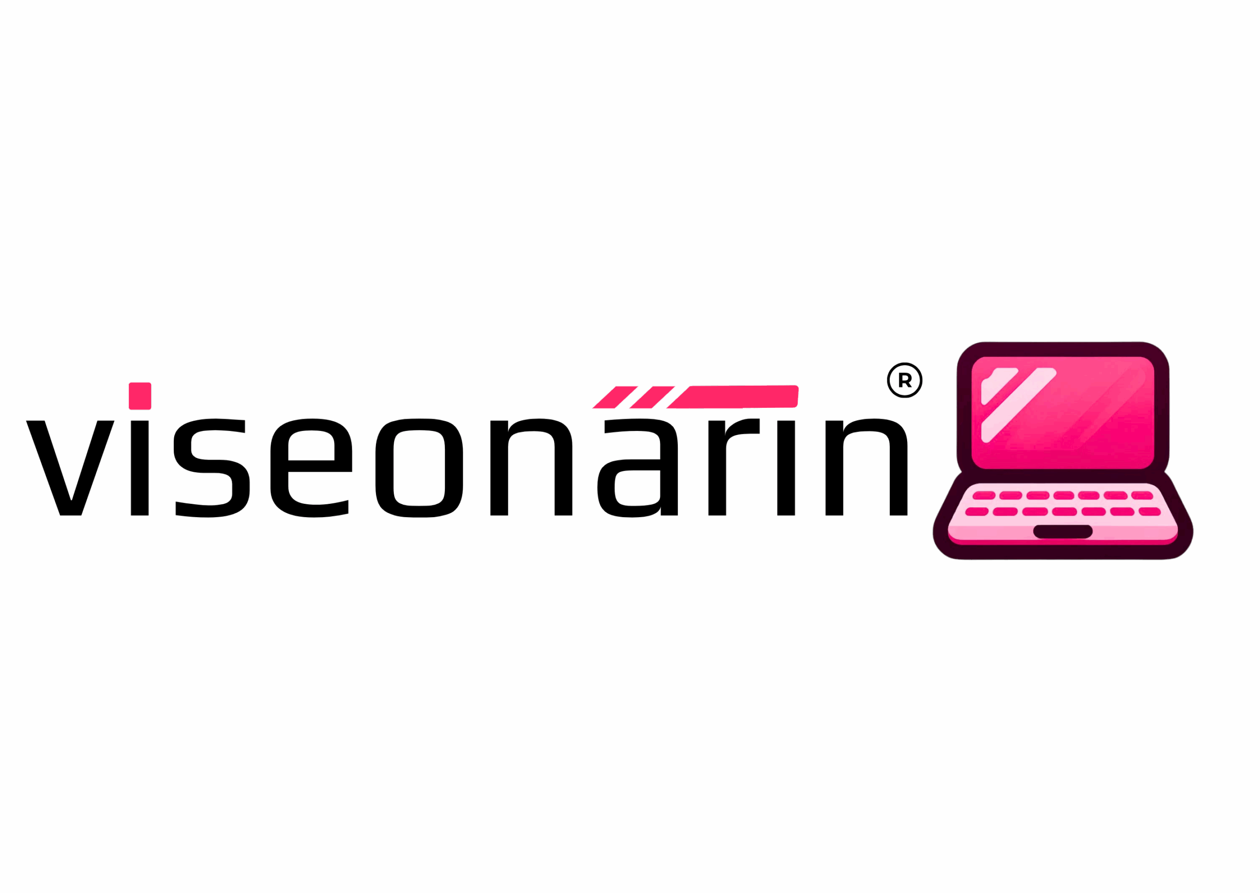 Logo viSEOnärin - Schriftzug mit pinkem Laptop als Symbol für die Tätigkeit von Vanessa Kämmerling als GEO-Strategin