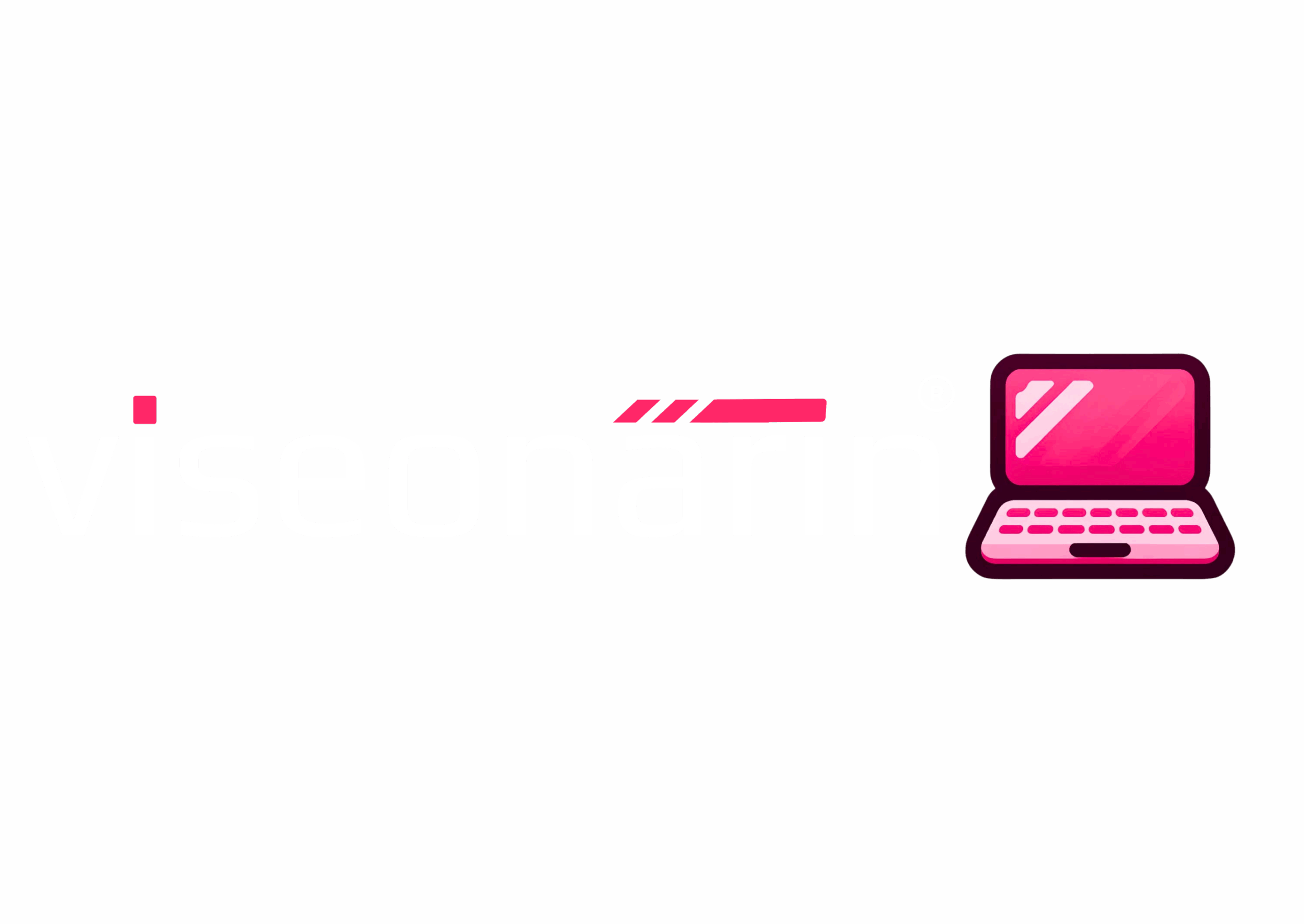 Logo viSEOnärin - Schriftzug in weiß mit pinkem Laptop als Symbol für die Tätigkeit von Vanessa Kämmerling als GEO-Strategin